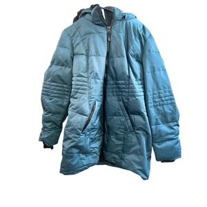 Arctic Expedition Puffer Coat Teal Blue Hooded Faux Fur Trim Size L/G
